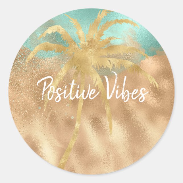 Tropical Glam Gold Aqua Glitz Palm Tree Classic Round Sticker (Front)