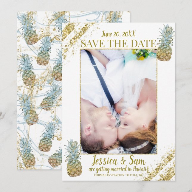 Tropical Glitter Pineapples Save the Date Photo Invitation (Front/Back)