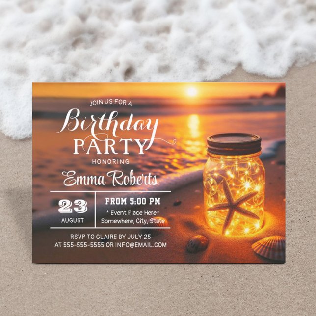 Tropical Glowing Mason Jar Sunset Beach Birthday Invitation (Creator Uploaded)