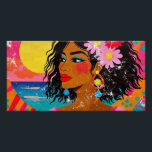 Tropical Goddess - Vibrant Pop Art Poster<br><div class="desc">A stunning pop art retro-inspired portrait featuring a woman with flowing dark hair adorned with tropical flowers. Adds a burst of colour and positive energy. A scuffed paper effect completes the retro look.</div>