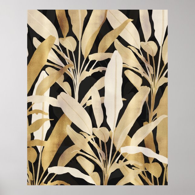 Tropical Gold Banana Leaves Black Pattern Poster (Front)