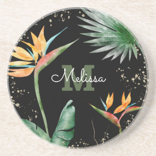 Tropical Gold Black Floral Foliage Monogram Script Coaster