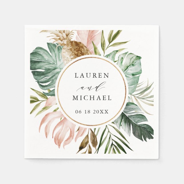 Tropical Gold Blush Palm Personalized Wedding Napkin (Front)
