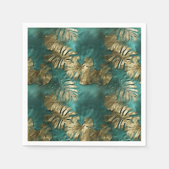 Tropical Gold Emerald Green Leaves Napkin (Front)