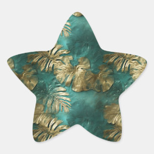 Tropical Gold Emerald Green Leaves Star Sticker