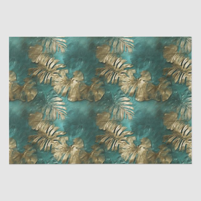 Tropical Gold Emerald Green Leaves Tissue Paper (Front)
