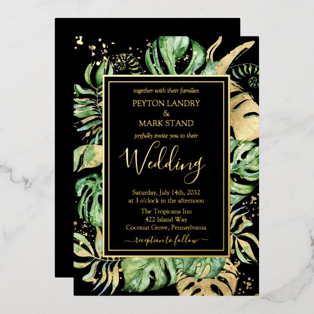 Tropical Gold Foil & Black Elegant Foliage Wedding (Front/Back)