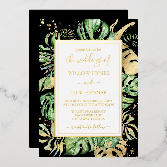 Tropical Gold Foil Elegant Foliage Wedding (Front/Back)