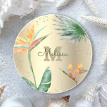 Tropical Gold Foil Floral Foliage Monogram Script  Coaster<br><div class="desc">Bring a bit of elegant tropical hospitality into your home whenever you relax with your favourite beverage with this chic, modern custom monogram sandstone coaster. Stunning, sophisticated, colourful, tropical watercolor birds of paradise flowers, faux gold glitter, and personalized calligraphy script with a bold monogram initial, overlay a stylish, glam brushed...</div>