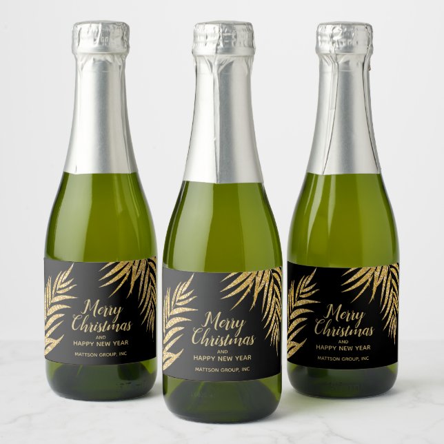 Tropical Gold Glitter Palm Christmas Holiday Mini Sparkling Wine Label (Bottles)