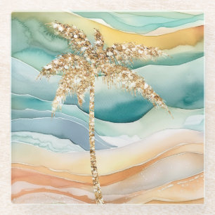 Tropical Gold Glitter Palm Tree Beach Glass Coaster