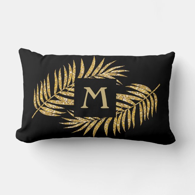Tropical Gold Glitter Palm Tree Fronds Home Decor Lumbar Pillow (Front)