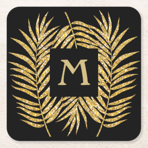 Tropical Gold Glitter Palm Tree Fronds Home Decor Square Paper Coaster