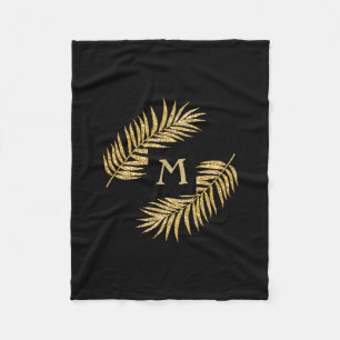 Tropical Gold Glitter Palm Tree Fronds on Black Fleece Blanket