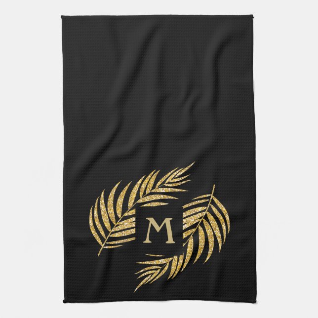 Tropical Gold Glitter Palm Tree Fronds on Black Kitchen Towel (Vertical)