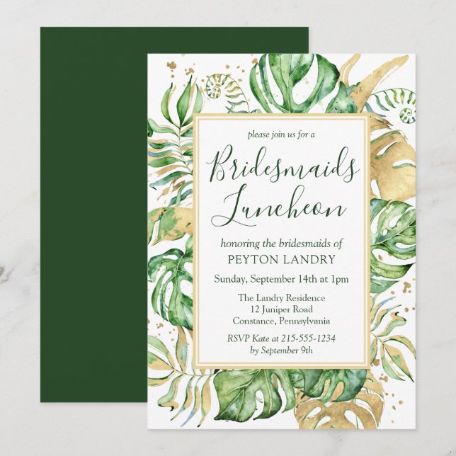 Tropical Gold & Green Bridesmaids Luncheon Invitation (Front/Back)