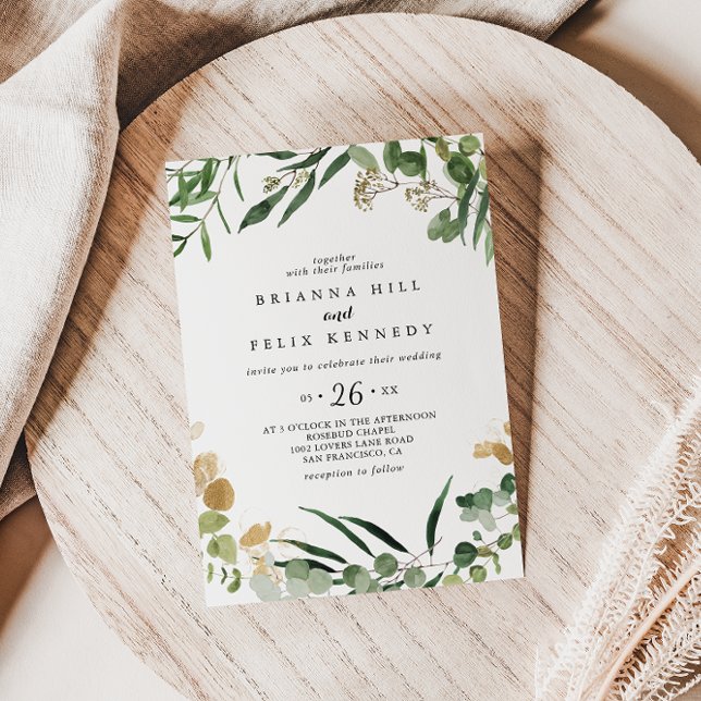 Tropical Gold Green Foliage Casual Wedding  Invitation (Creator Uploaded)