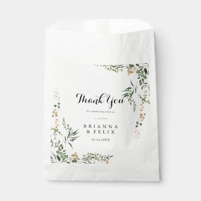 Tropical Gold Green Foliage Thank You Wedding  Favour Bag (Front)