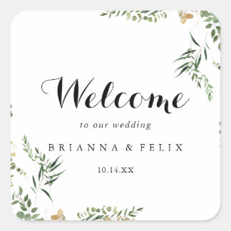 Tropical Gold Green Foliage Wedding Welcome  Square Sticker