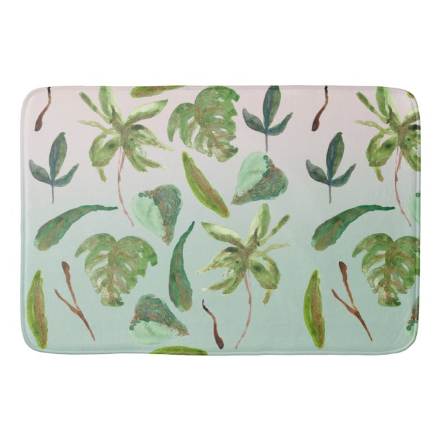 Tropical Gold Green Leaves Bath Mat (Front)