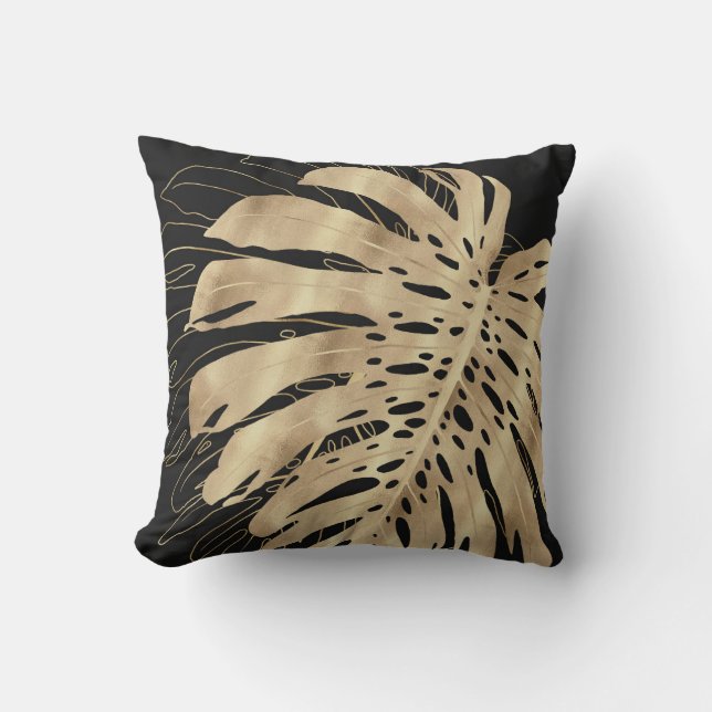 Tropical Gold Monstera Leaf Black Design Throw Pillow (Front)
