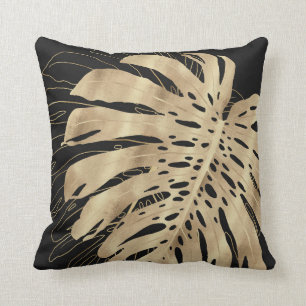 Tropical Gold Monstera Leaf Black Design Throw Pillow