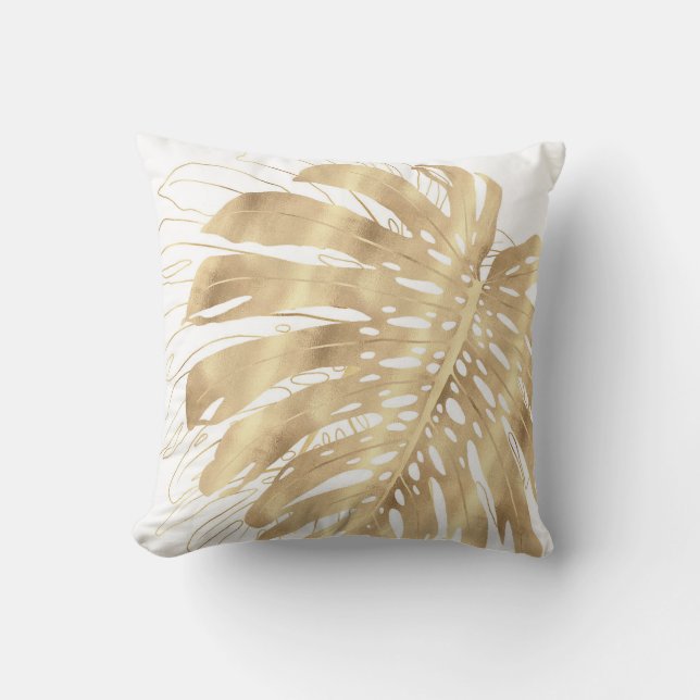 Tropical Gold Monstera Leaf White Design Throw Pillow (Front)
