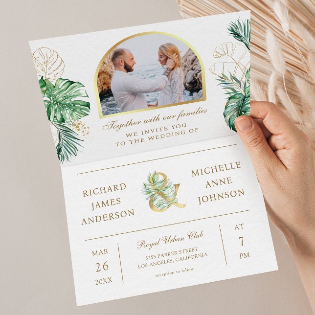 Tropical Gold Monstera Palm Photo QR Code Wedding Invitation (Creator Uploaded)