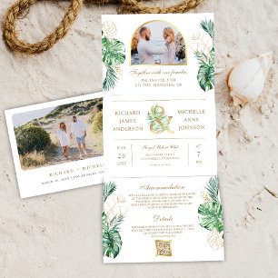 Tropical Gold Monstera Palm Photo QR Code Wedding Tri-Fold Invitation