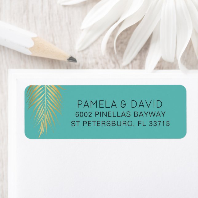 Tropical Gold Palm Frond sur Caribbean Blue (En situation)