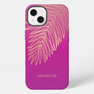 Tropical Gold Palm Leaf, Your Name, Pink Magenta iPhone 13 Case