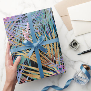 Tropical Gold Palm Leaves Colorful Black Design Wrapping Paper