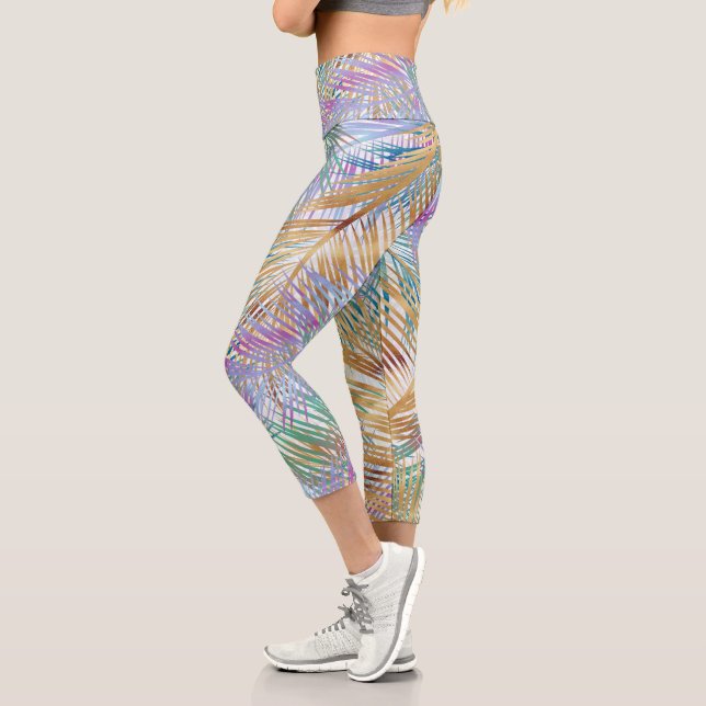 Tropical Gold Palm Leaves Colourful Design Capri Leggings (Left)