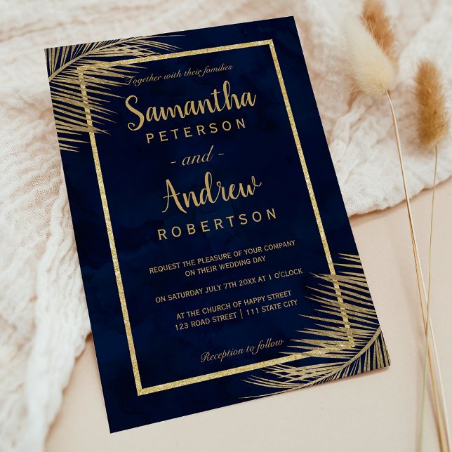 Tropical gold palm tree beach navy blue wedding invitation (Tropical gold palm tree beach navy blue wedding invitation)