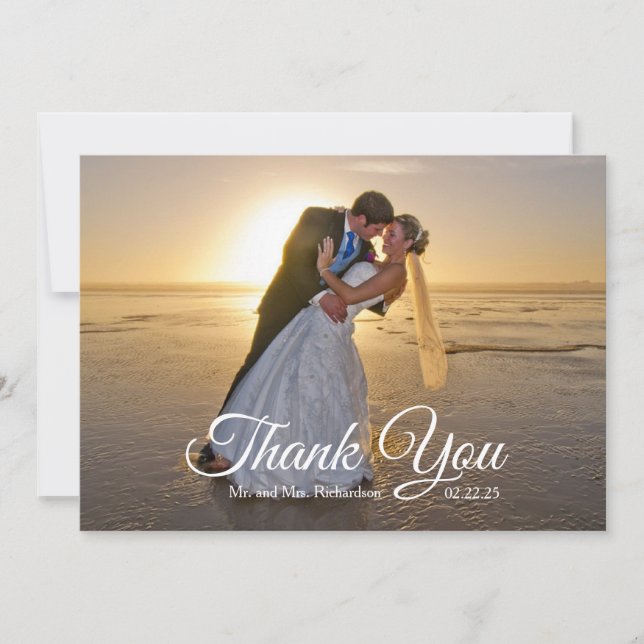 Tropical Gold Palm Tree Beach Wedding Photo Thank You Card (Front)
