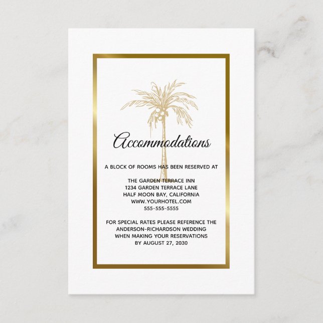 Tropical Gold Palm Tree Wedding Accommodation Enclosure Card (Front)