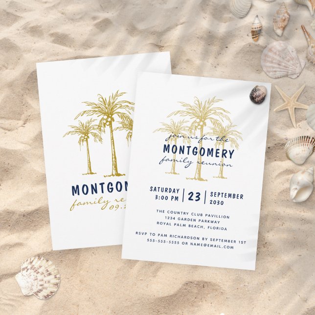 Tropical Gold Palm Trees Custom Family Reunion Invitation (Front and Back View)