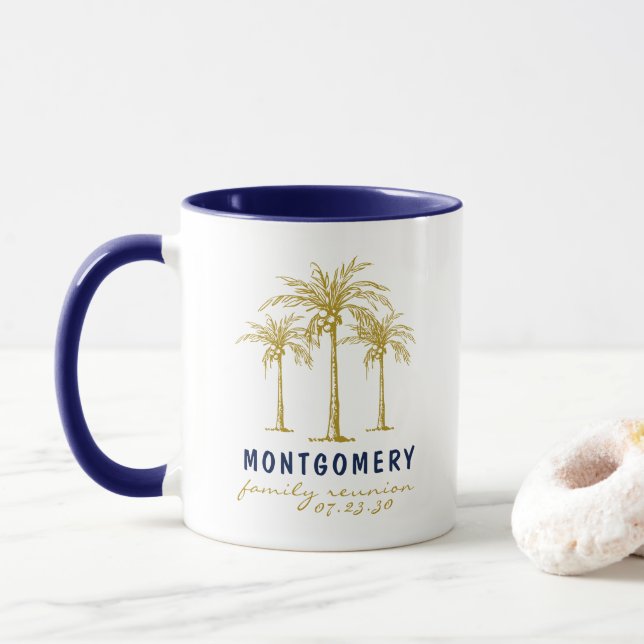 Tropical Gold Palm Trees Custom Family Reunion Mug (With Donut)