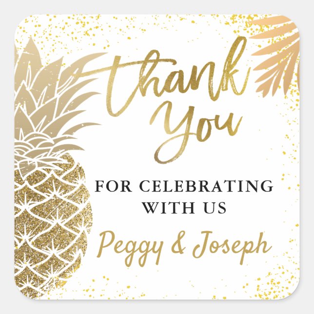 Tropical Gold Pineapple Beach Party Thank You Square Sticker (Front)