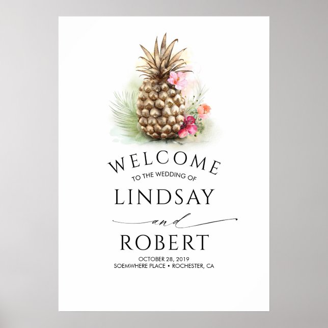 Tropical Gold Pineapple Beach Wedding Poster (Front)