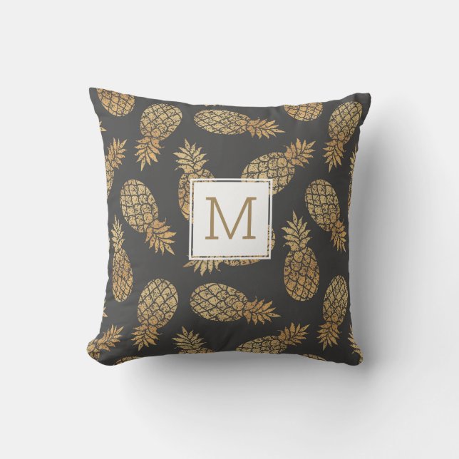 Tropical Gold Pineapple Custom Monogram Initial Outdoor Pillow (Front)
