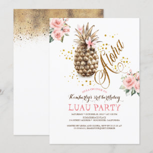 Tropical Gold Pineapple Pink Floral Luau Birthday Invitation