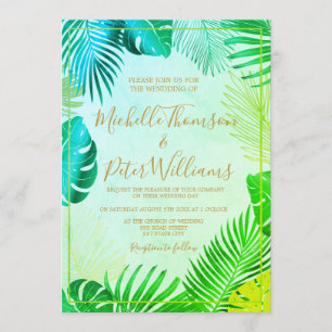 tropical gold water colour wedding invitation