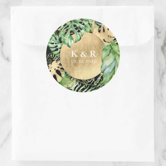 Tropical Golden Foliage Wedding Monogram Classic Round Sticker (Bag)