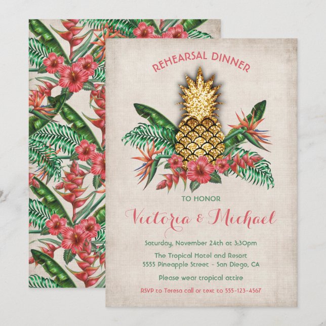 Tropical Golden Pineapple Rehearsal Dinner Invitation (Front/Back)