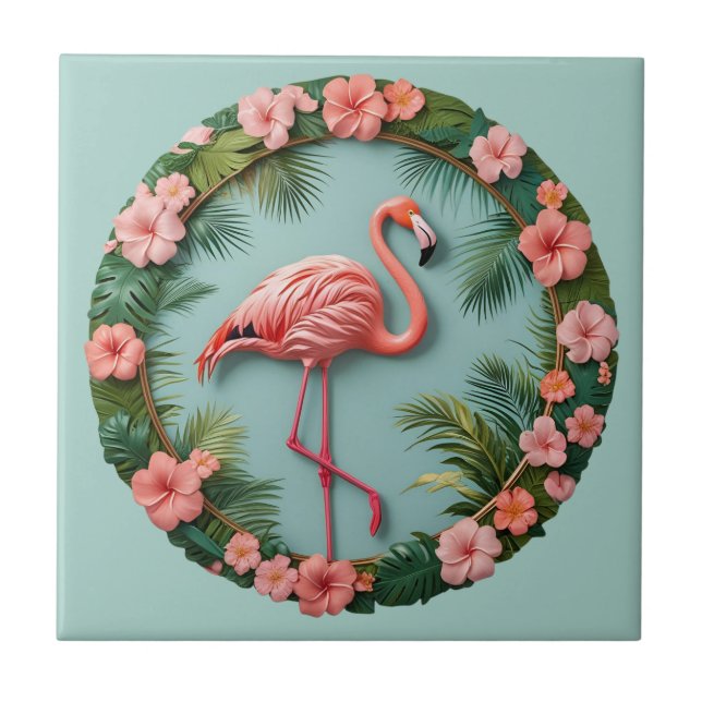 Tropical Grace Balancing Flamingo Ceramic Tile (Front)