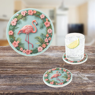 Tropical Grace Balancing Flamingo Round Sandstone Coaster