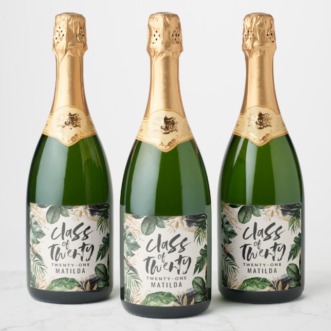 Tropical graduation class of modern botanical squa sparkling wine label (Bottles)