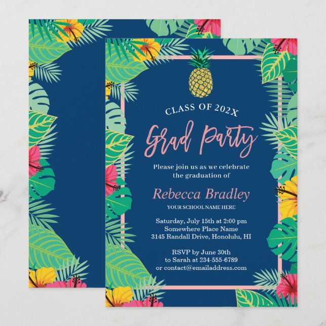 Tropical Graduation Party Navy Blue Gold Pineapple Invitation (Front/Back)
