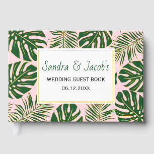 Tropical green and gold leaves blush pink wedding guest book